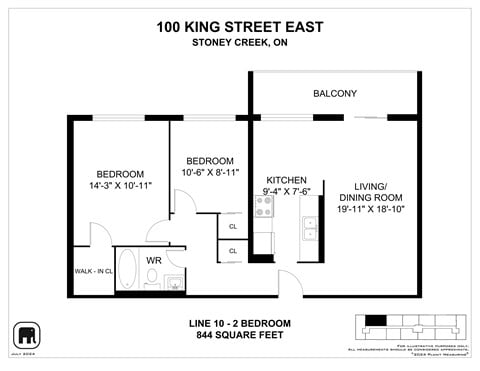 Floor plan for 2 beds, 1 bath, 779 sqft